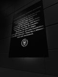 Motivational poster with text and logo on a dark background